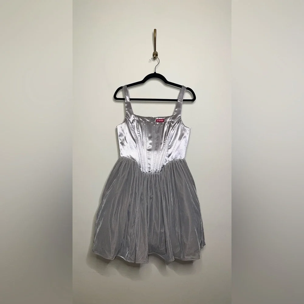 STAUD Landscape Silver Mini Dress Velvet Gray Tulle - Picture 6 of 9